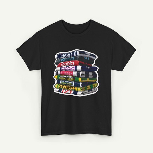 A black t-shirt with a graphic design depicting a stack of colorful books.