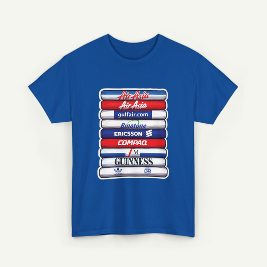 A blue t-shirt with a graphic design featuring a stack of logos and text.