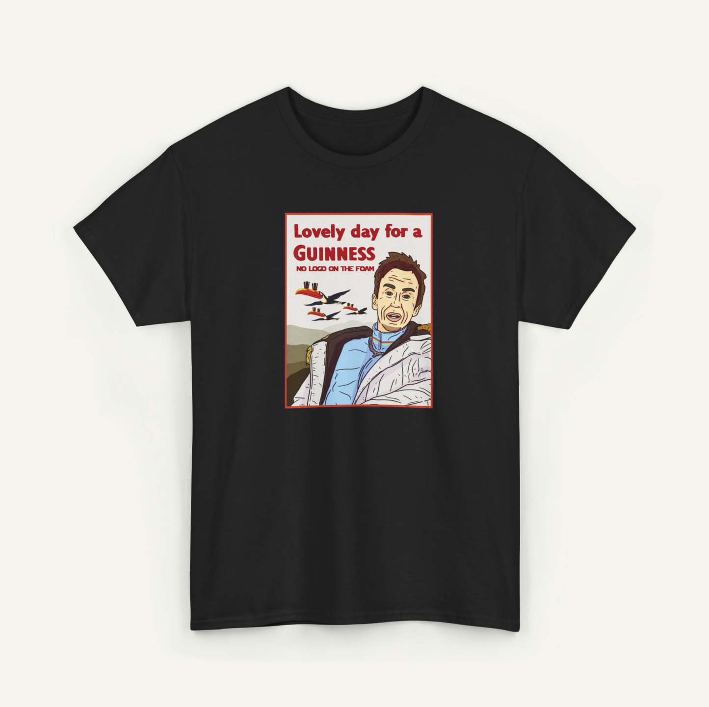 A black t-shirt with a graphic design depicting a man with a concerned expression, accompanied by text that reads "Lovely day for a Guinness NO LUGS ON THE FIFTH".