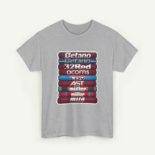 A gray t-shirt with a graphic design featuring a stack of colored tubes or tubes with text on them.