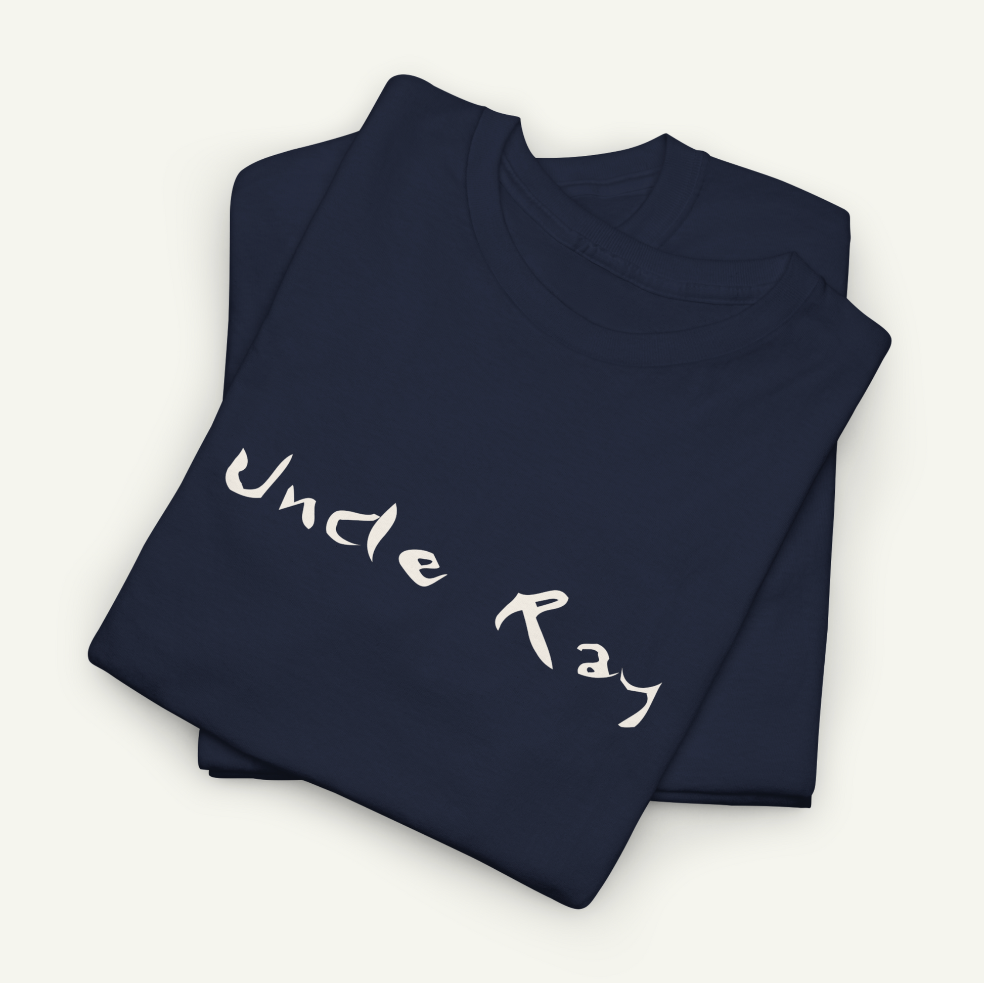 a dark blue t-shirt with white text printed on it.
