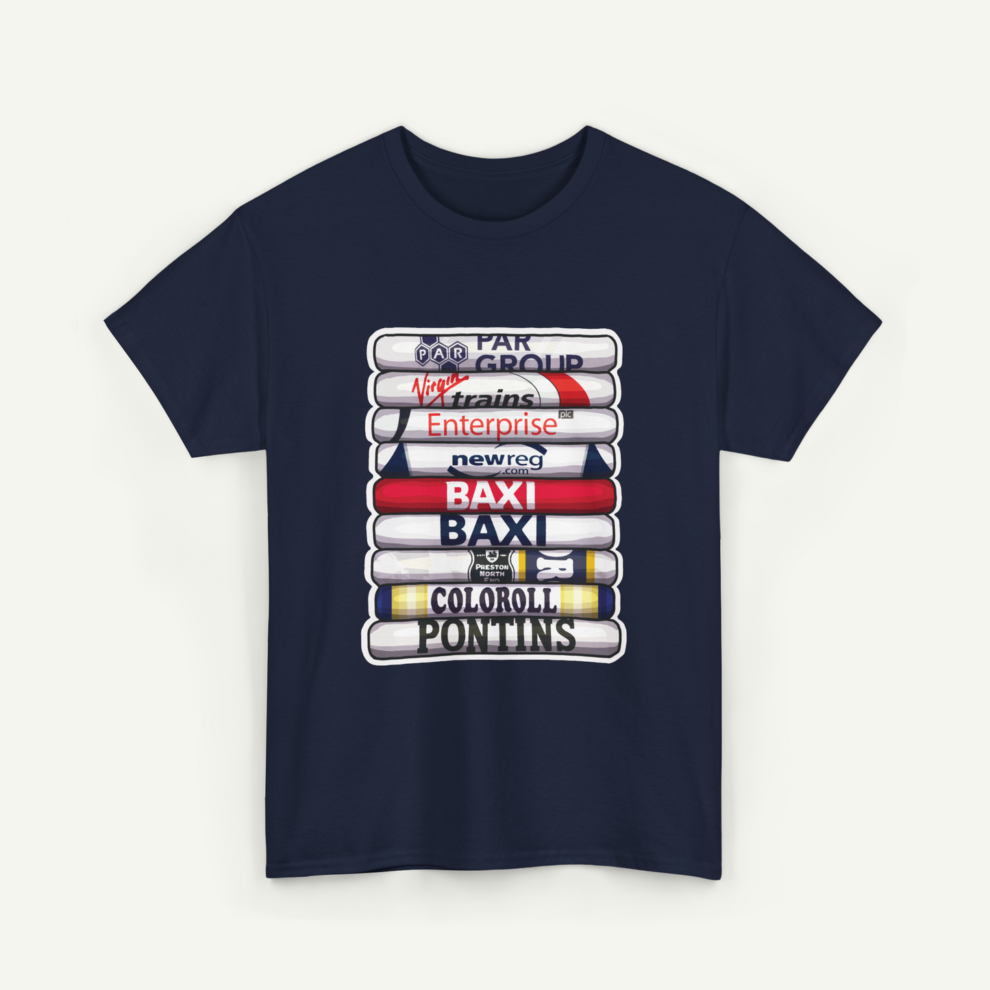 A navy blue t-shirt with a graphic design featuring a stack of colored pencils with various company logos printed on them.