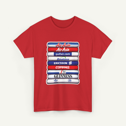 A red t-shirt with a graphic design featuring a stack of seven logos arranged in a row.