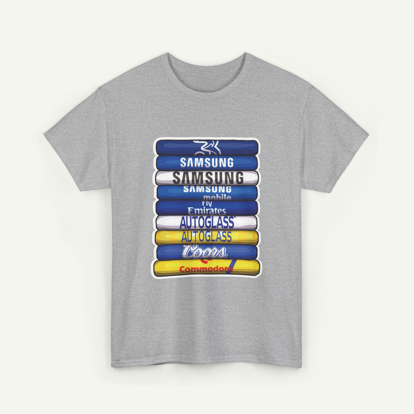 A gray t-shirt with a graphic design featuring a stack of blue and yellow tubes with text on them.