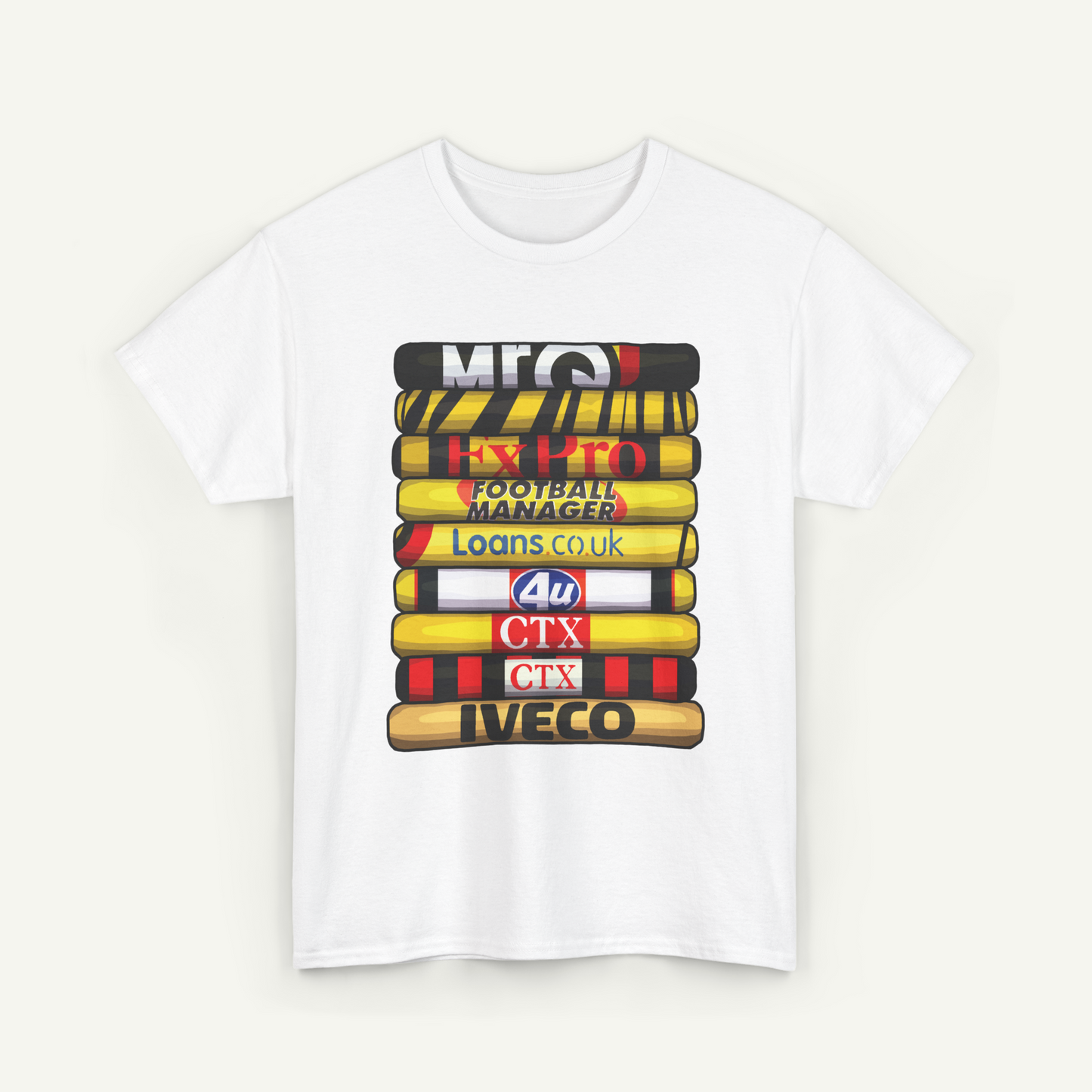 A white t-shirt with a graphic design featuring a stack of colorful tubes or bars, each with a different logo or text on it.