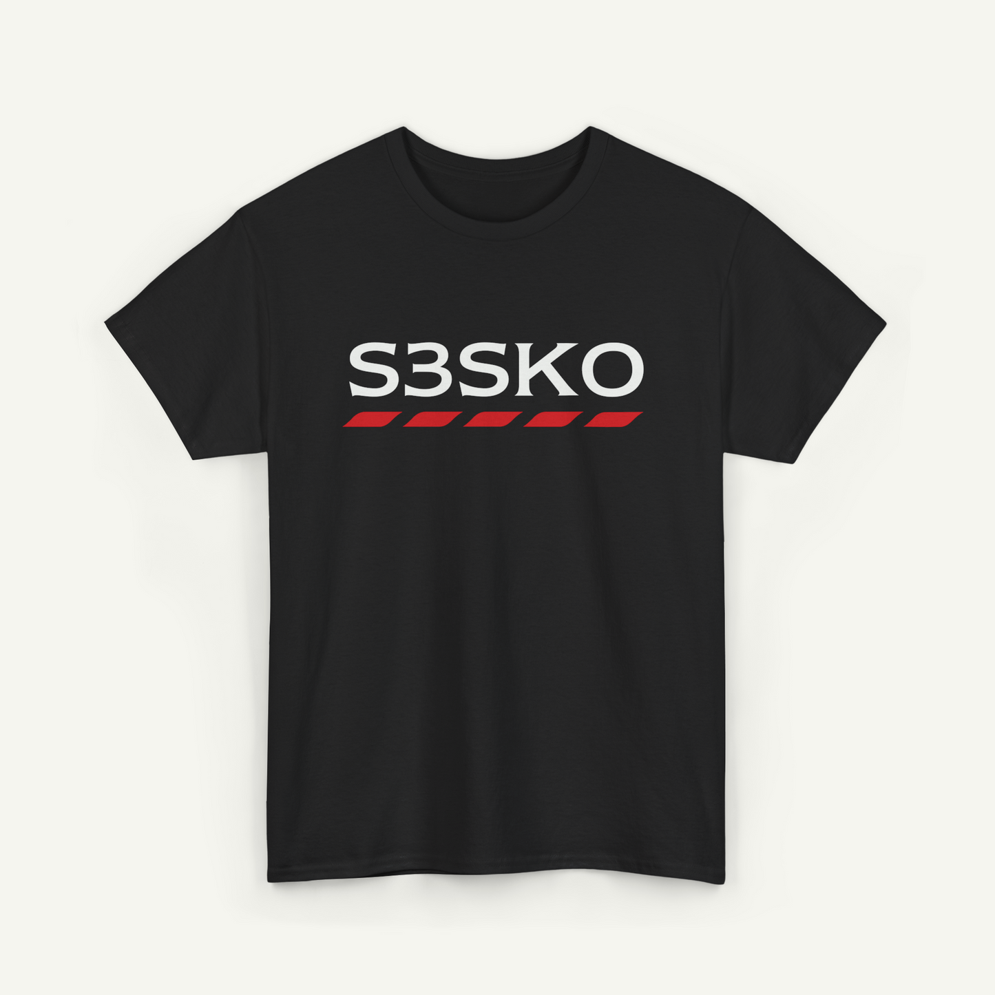 A black t-shirt with the text "S3SKO" printed in white and red.