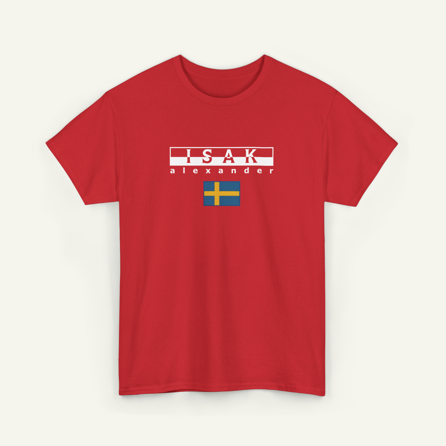 A red t-shirt with the text "ISAK Alexander" printed on it, along with a small flag of Sweden.