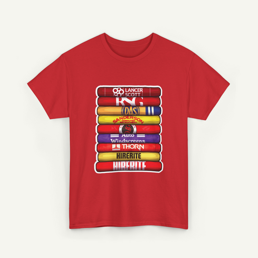 A red t-shirt with a graphic design featuring a stack of colorful bars with various text labels on them.