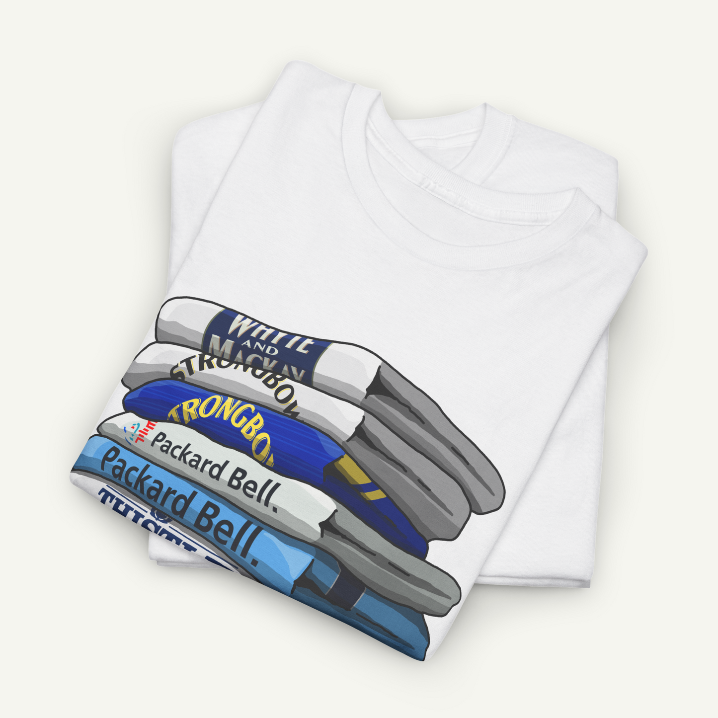 A white t-shirt with a graphic design depicting a stack of colorful markers or highlighters with the text "PACKARD BELL" printed on them.