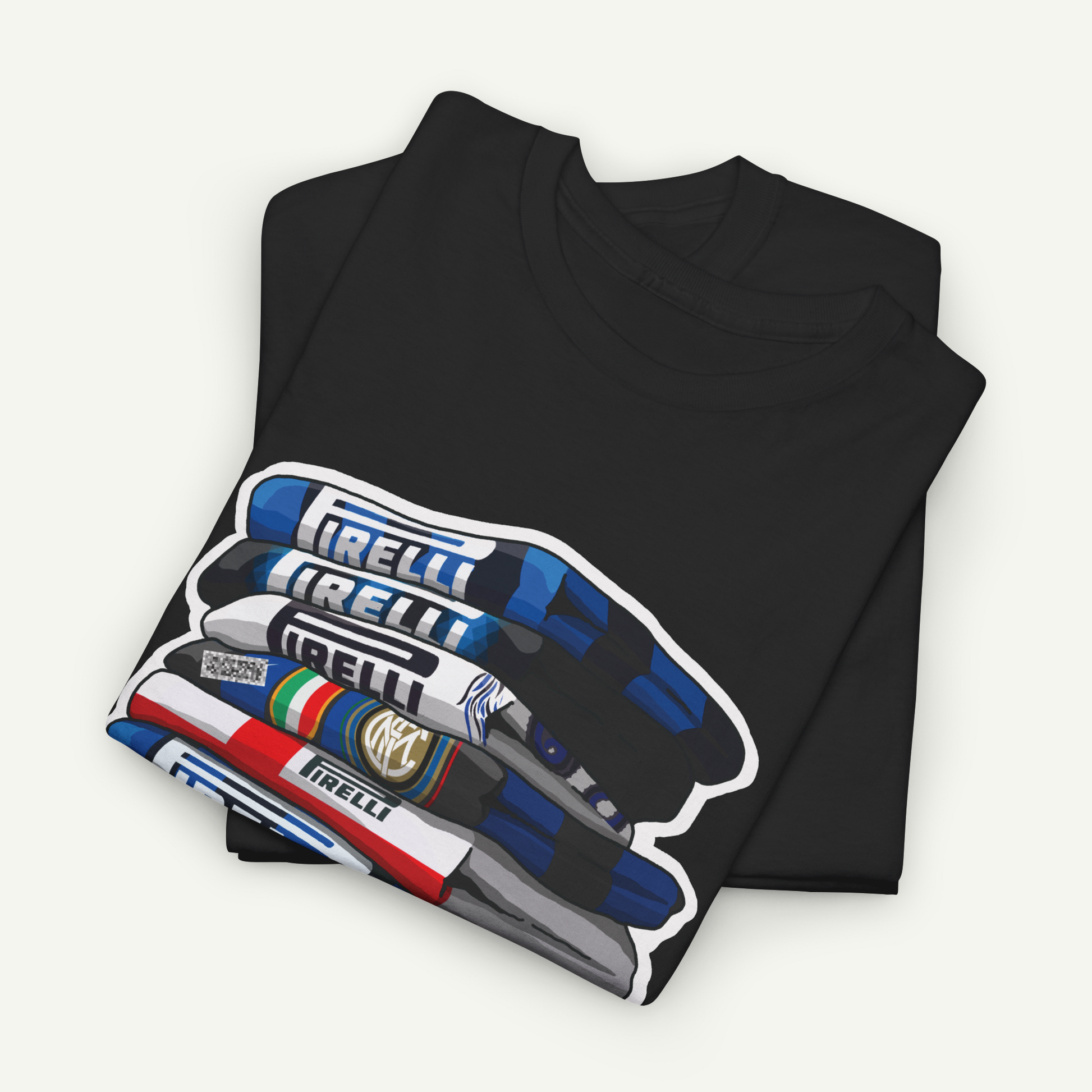 A black t-shirt with a graphic design depicting a stack of colorful pens or markers.