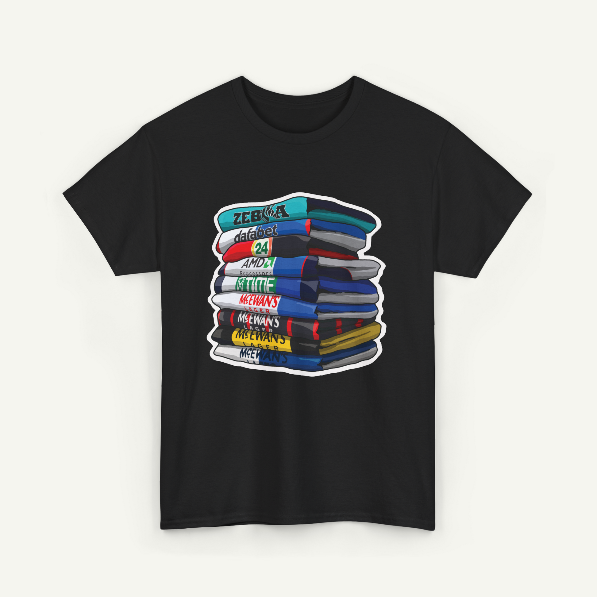 A black t-shirt with a graphic design depicting a stack of colorful books or magazines.