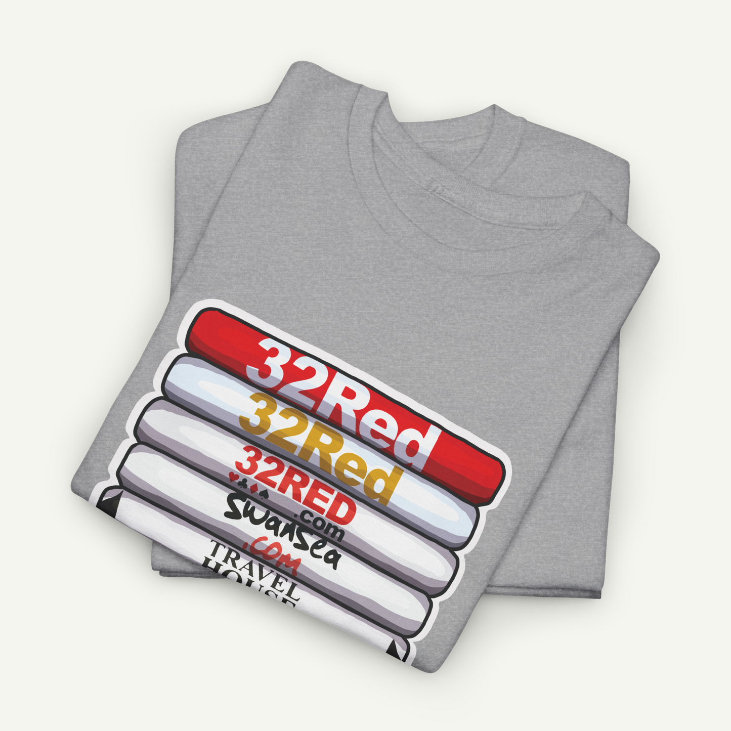 A gray t-shirt with a graphic design featuring a stack of books with the text "32Red" printed on them.