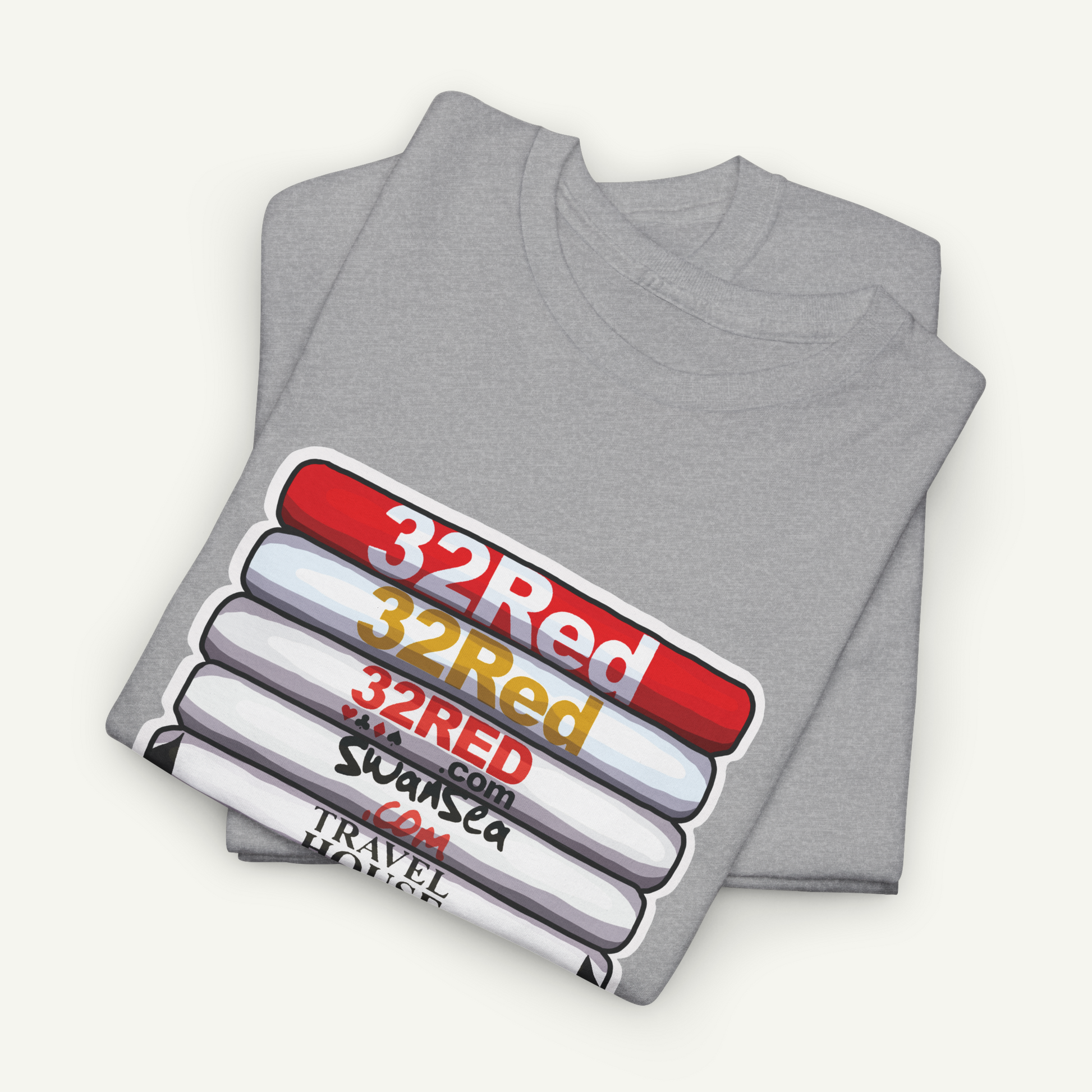 A gray t-shirt with a graphic design featuring a stack of books with the text "32Red" printed on them.