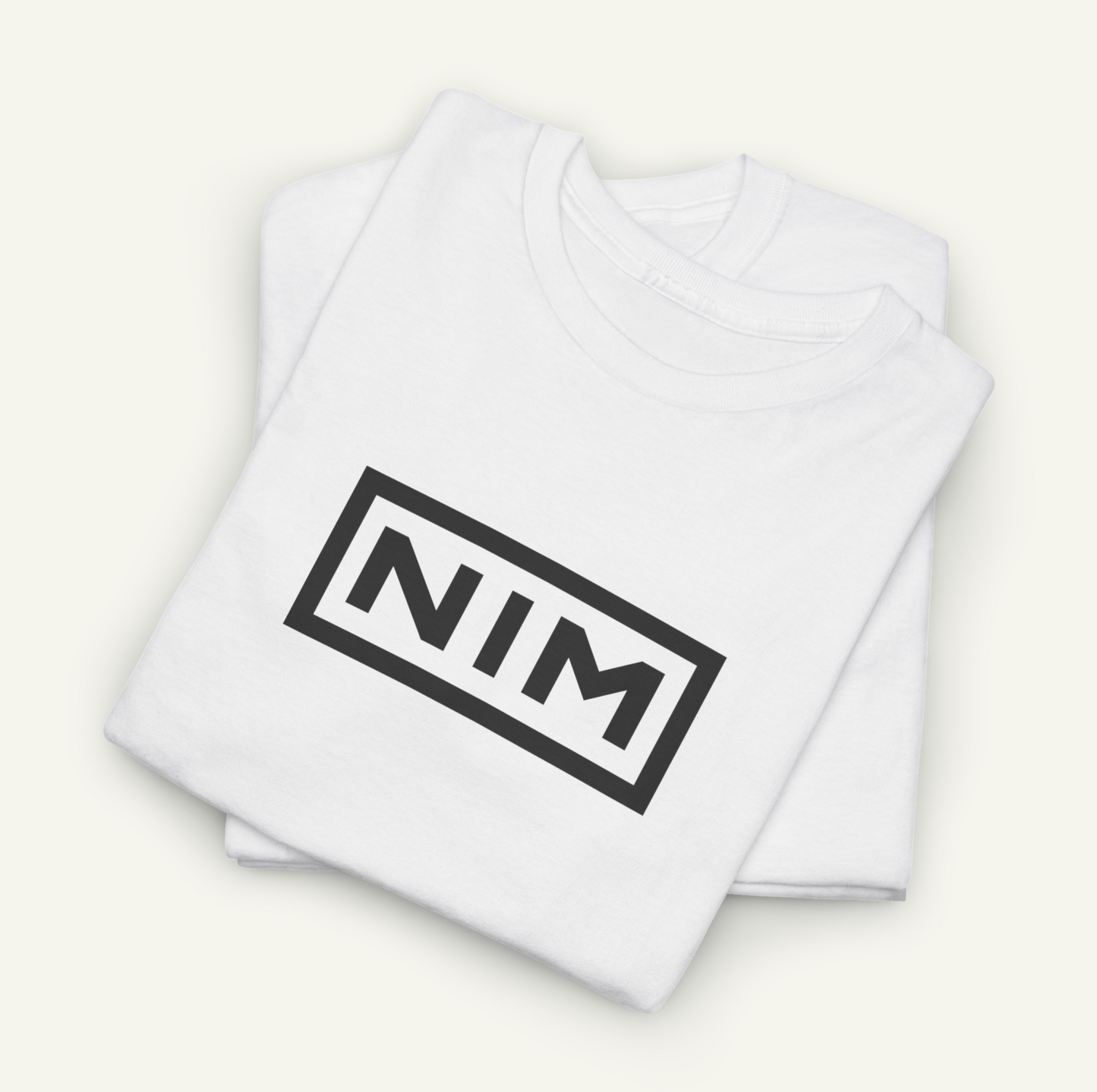 A white t-shirt with a black graphic design featuring the text "NIM" printed on it.