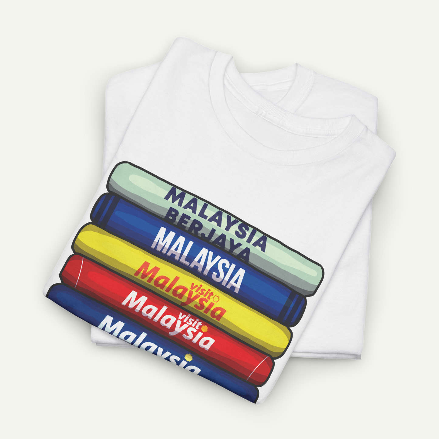 A white t-shirt with a graphic design depicting the countries of Malaysia in a stacked arrangement.