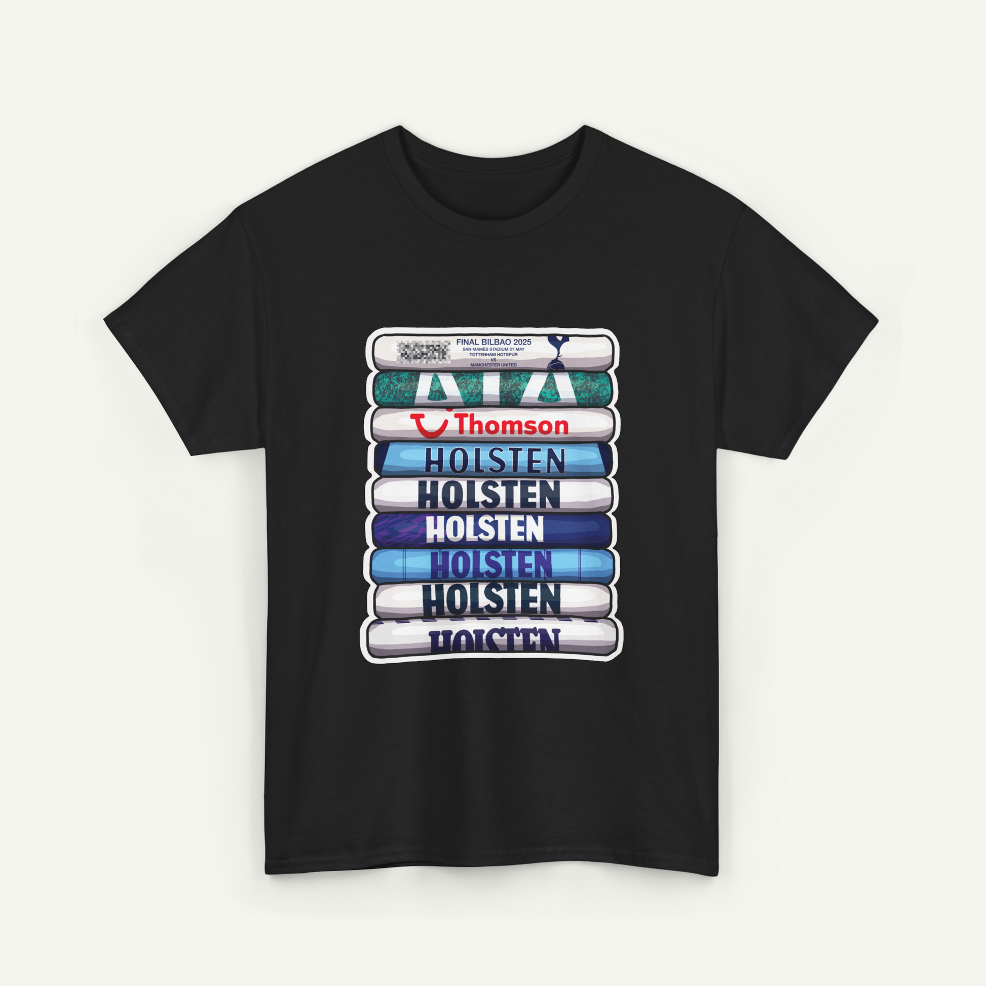 A black t-shirt with a graphic design featuring a stack of books with the text "Holsten Holsten Holsten Holsten" printed on them.