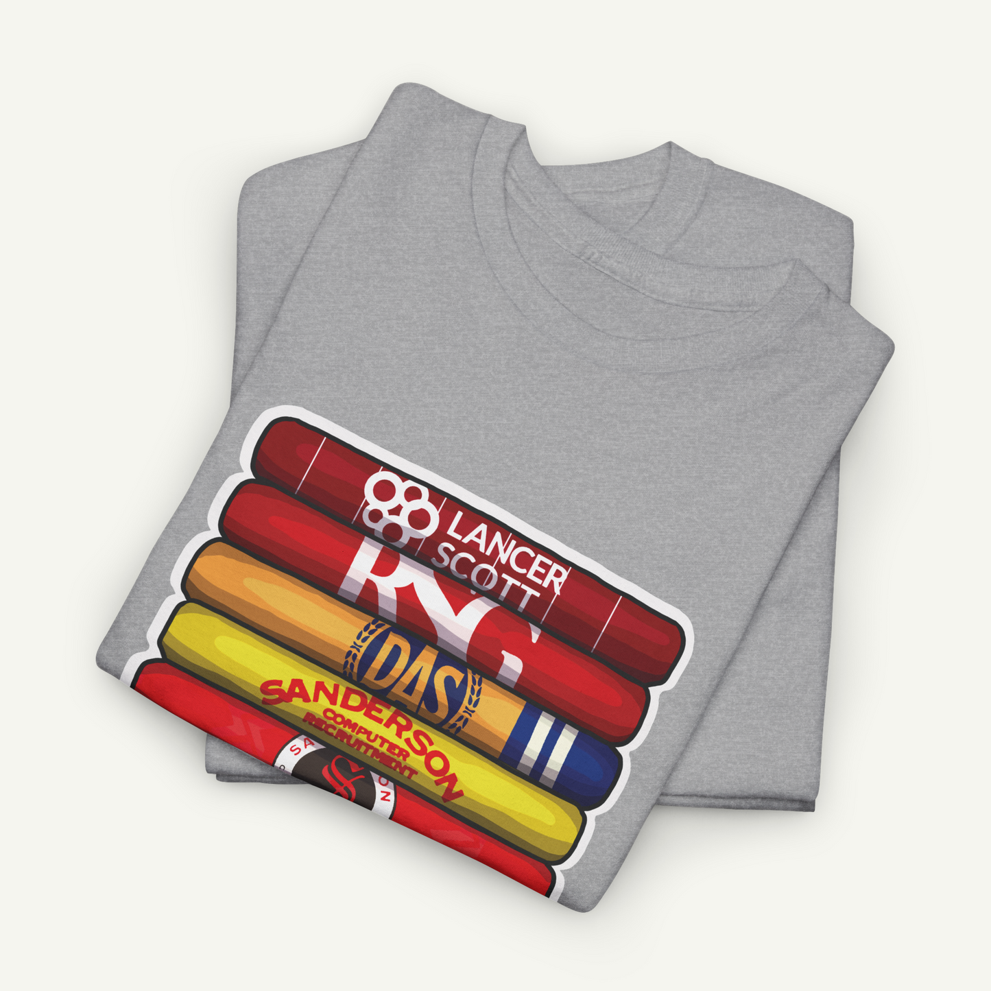 A gray t-shirt with a graphic design depicting a stack of colorful tubes or bottles, each with a different label.