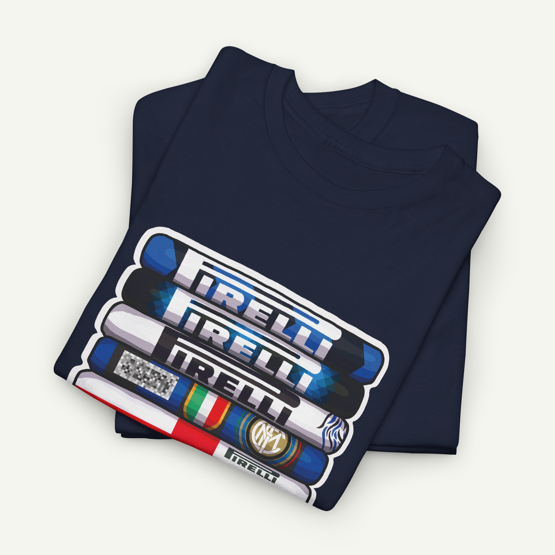 A dark blue t-shirt with a graphic design featuring a stack of colorful bars or tubes, each with a different colored stripe or pattern.