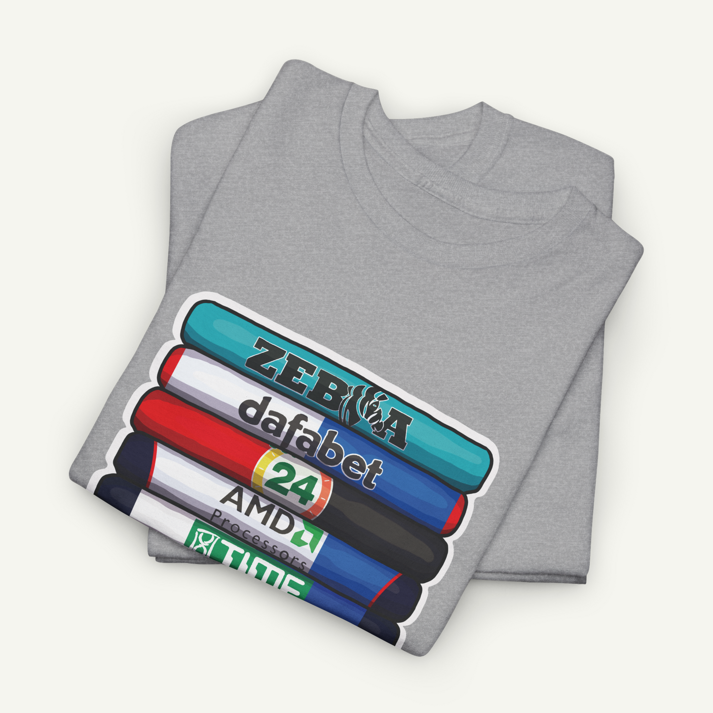 A gray t-shirt with a graphic design depicting a stack of colorful markers or highlighters, each with a different brand name printed on it.