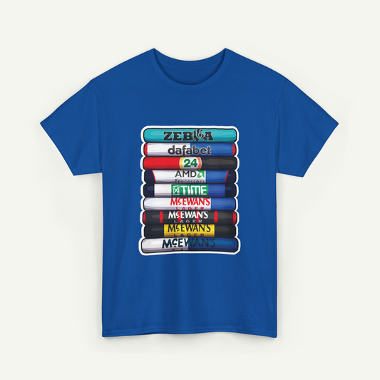 A blue t-shirt with a graphic design depicting a stack of colorful bars, each representing a different technology company.