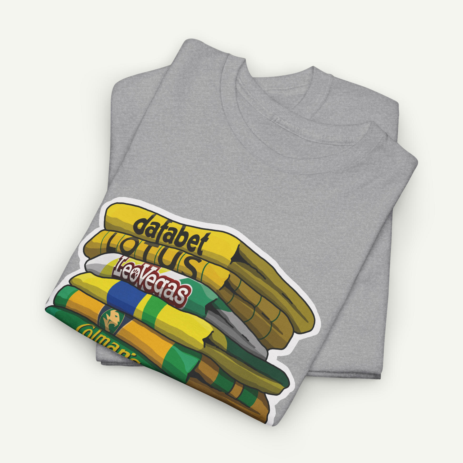 A gray t-shirt with a graphic design depicting a stack of colorful books or magazines, with the text "DATA BET LOTUS Les Vegas" printed on the cover.