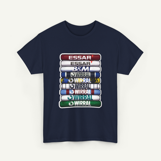 A navy blue t-shirt with a graphic design featuring a stack of colored tubes or bars, each displaying a different colored stripe or logo.