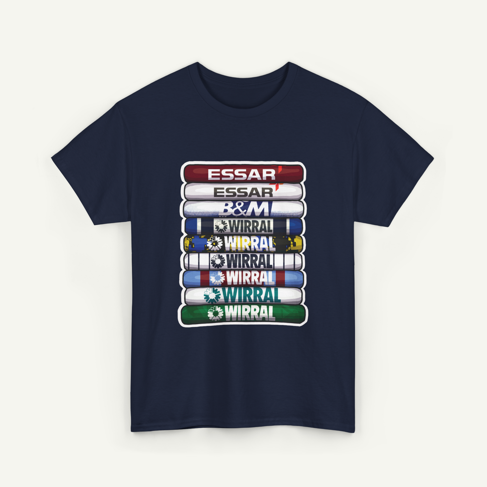 A navy blue t-shirt with a graphic design featuring a stack of colored tubes or bars, each displaying a different colored stripe or logo.
