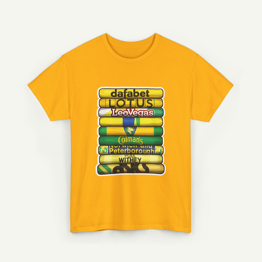 A yellow t-shirt with a graphic design featuring a stack of colorful books or tubes, with text related to the content of the books or tubes.
