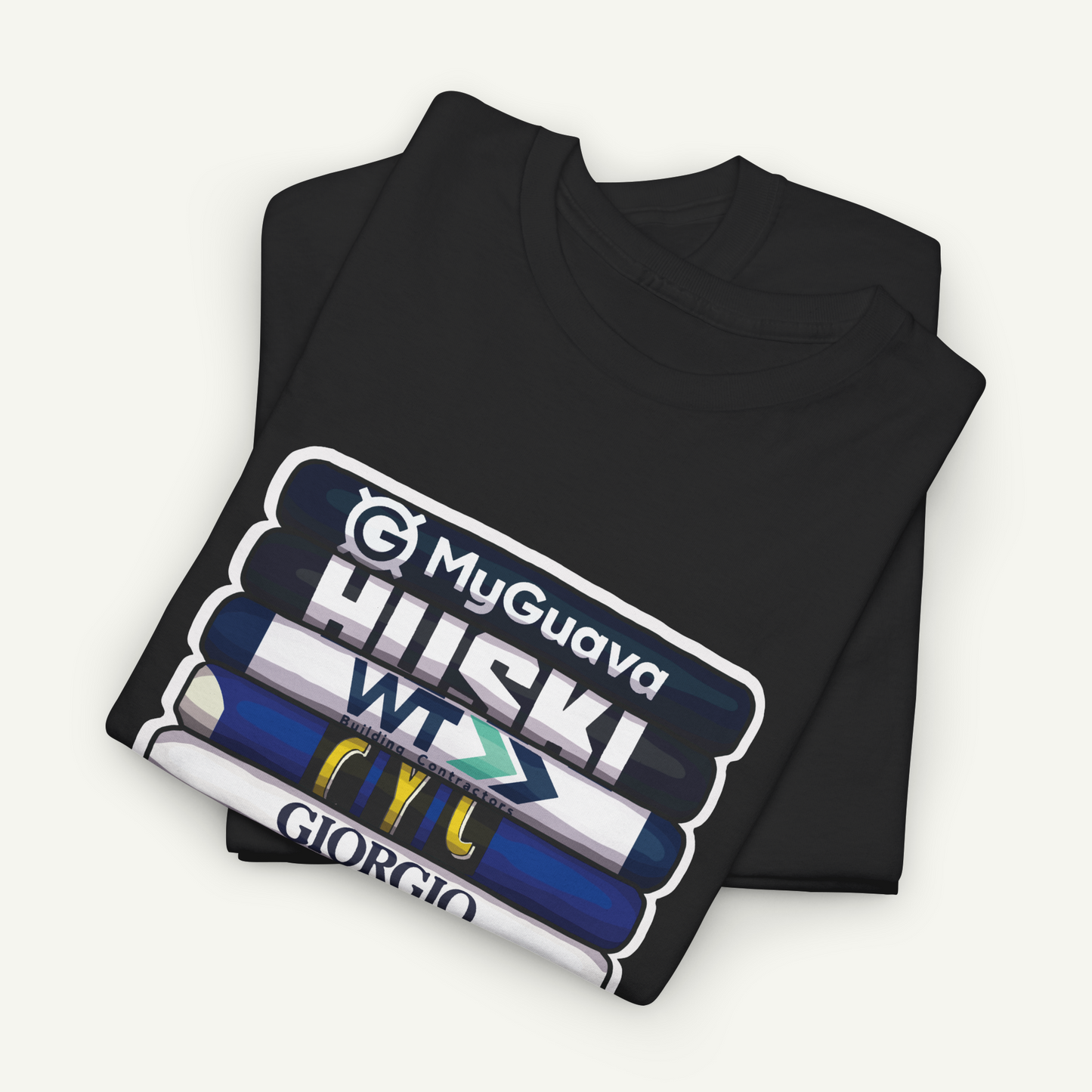 A black t-shirt with a graphic design featuring a stack of colorful bottles with text on them.