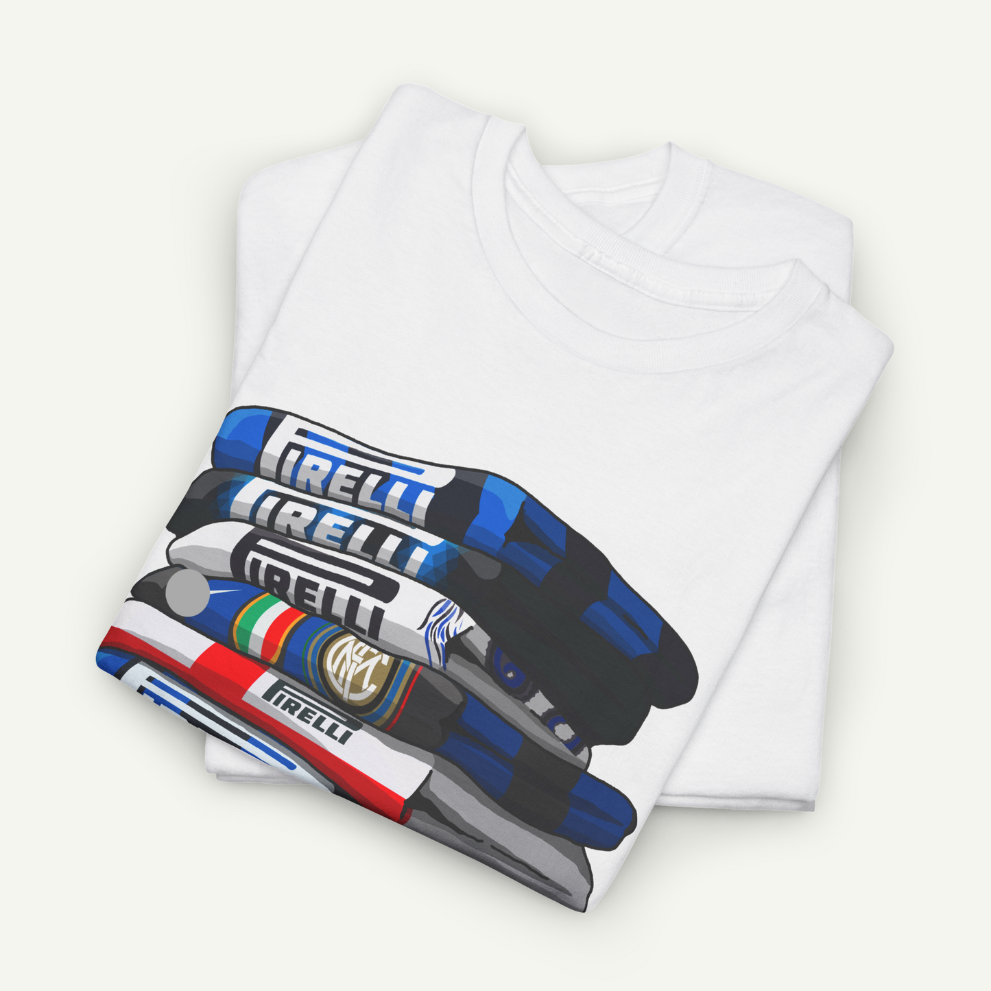 A white t-shirt with a graphic design depicting a stack of colorful pens or markers.