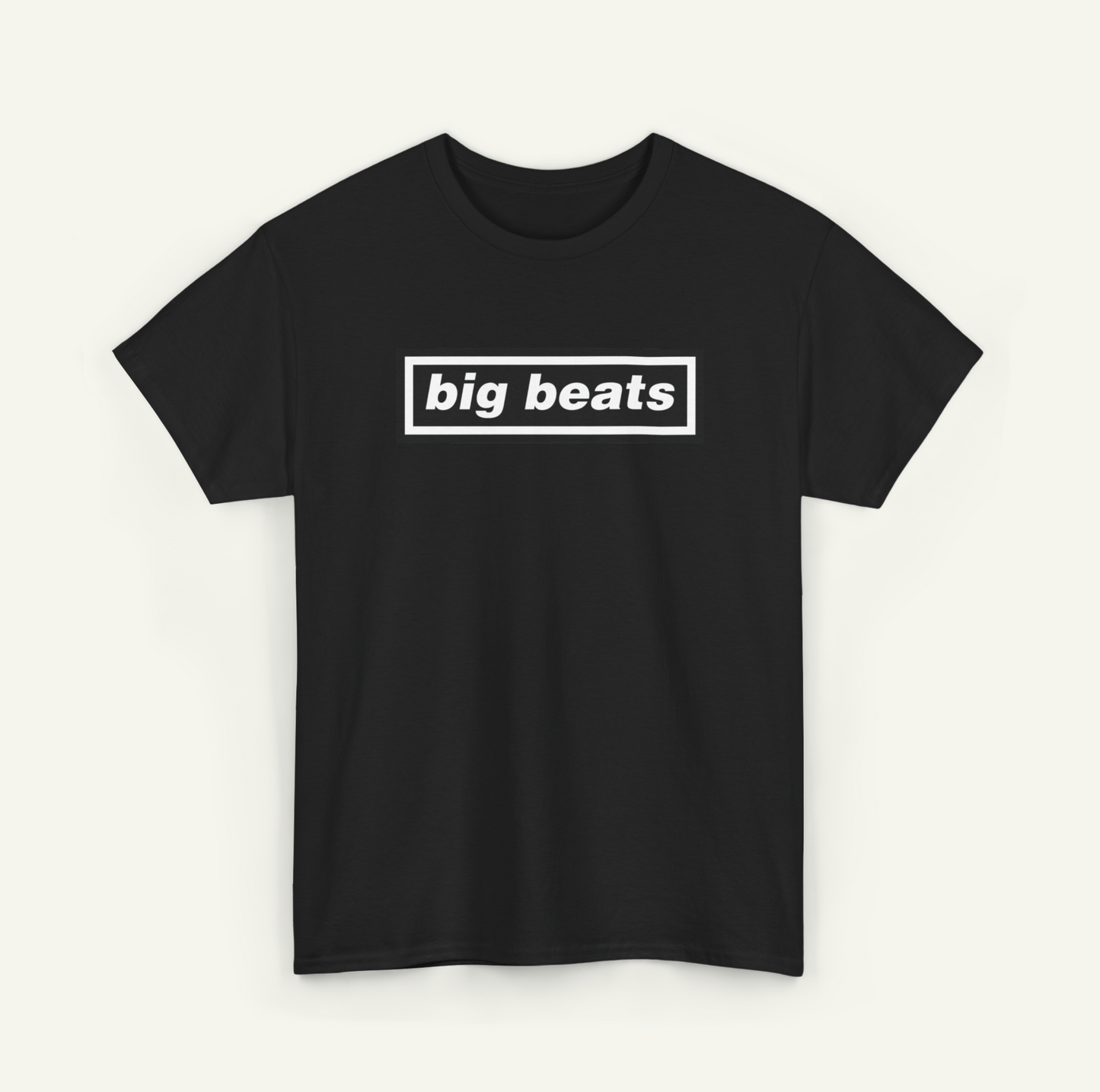 A black t-shirt with the text "big beats" printed in white on it.