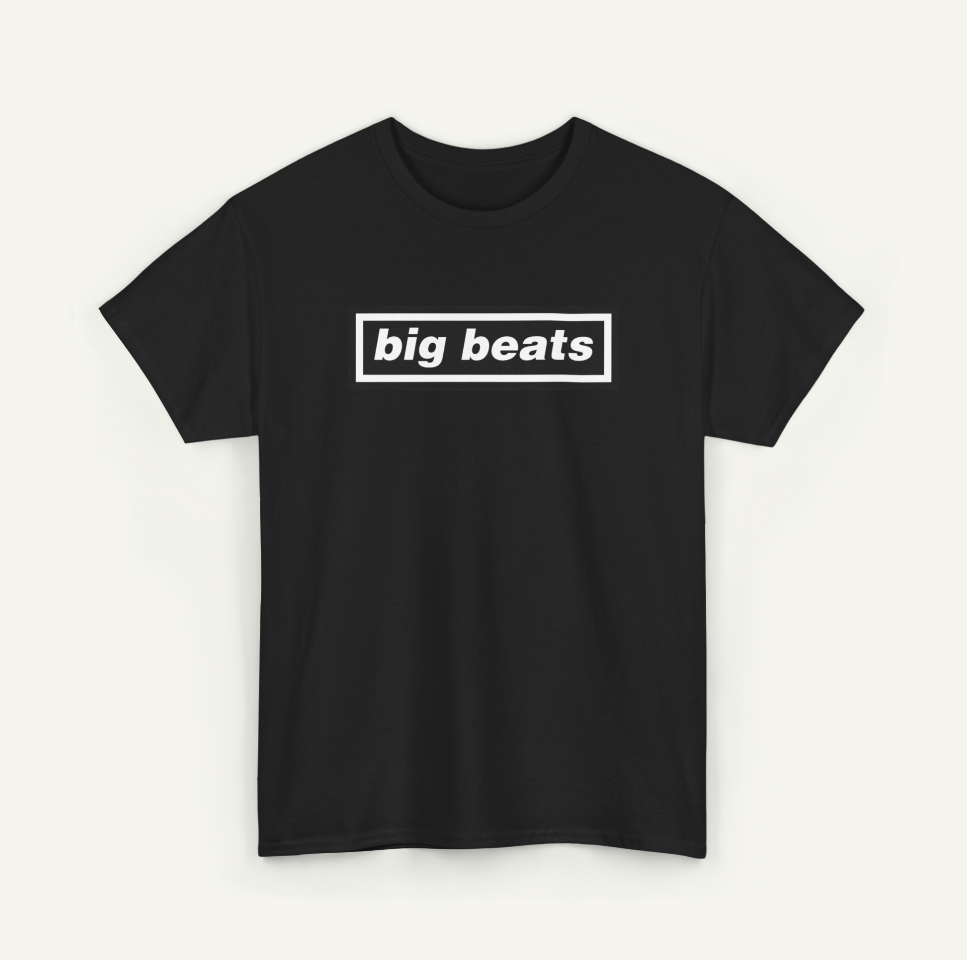 A black t-shirt with the text "big beats" printed in white on it.