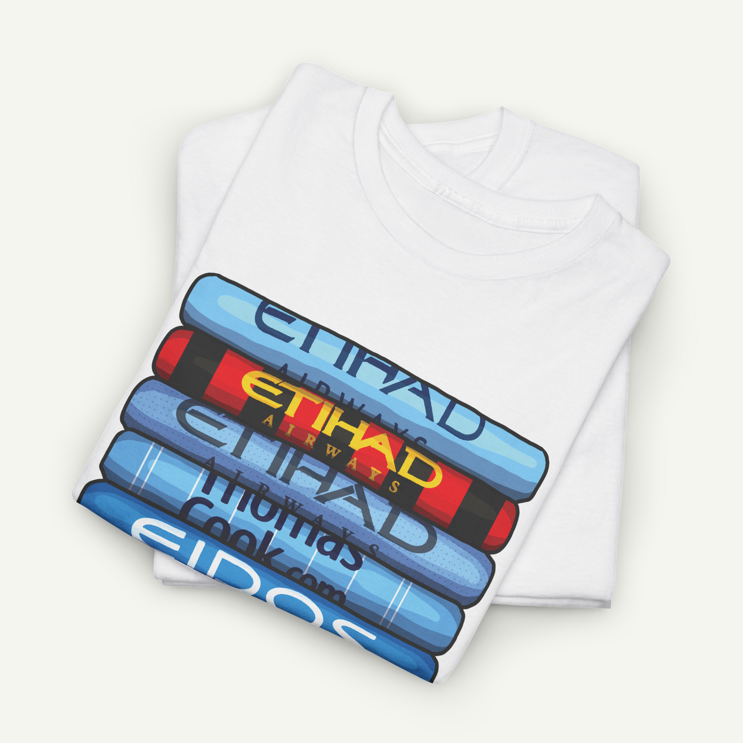 A white t-shirt with a graphic design featuring a stack of blue and red tubes with the word "ETHAD" written on them.