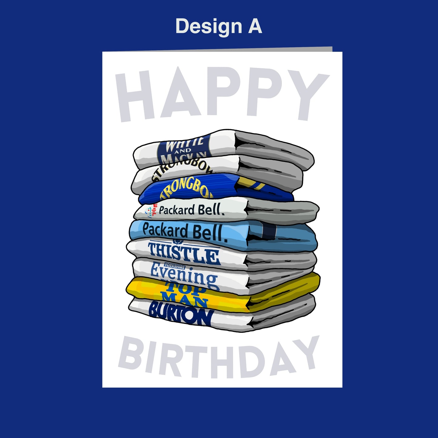 A stack of folded towels with various text printed on them, representing a birthday gift.