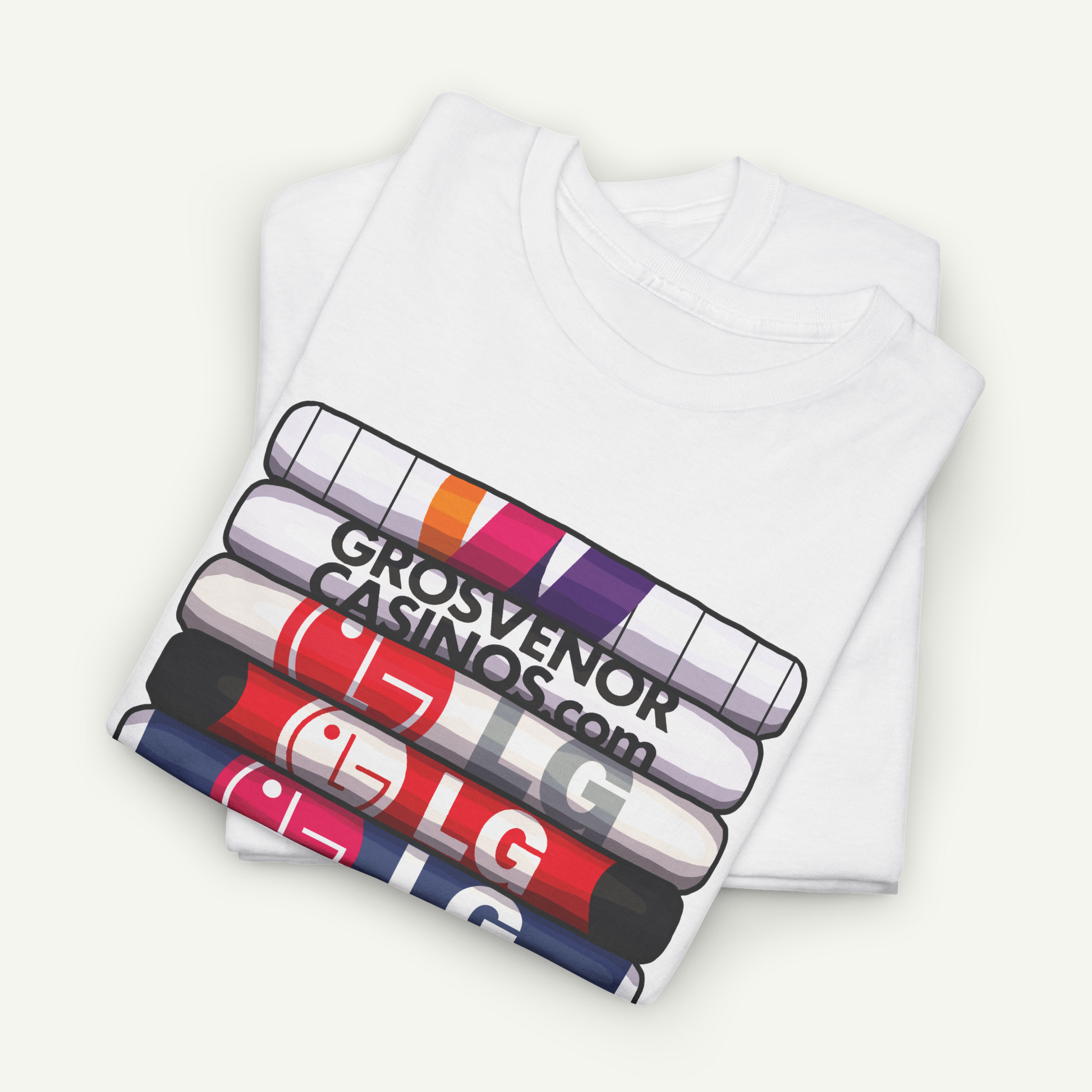 A white t-shirt with a graphic design featuring a stack of colorful tubes or cylinders, along with text that reads "GROSVENOR CASINO.COM".