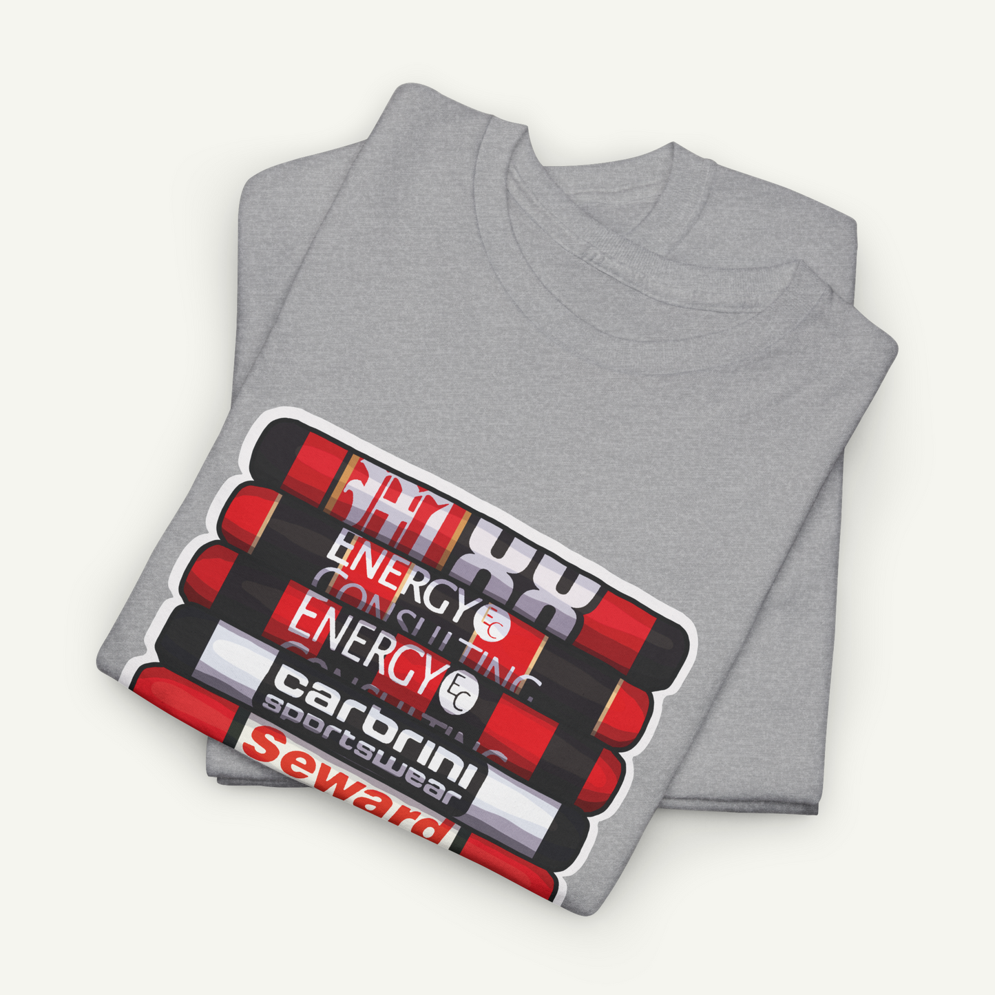 A gray t-shirt with a graphic design featuring a stack of red and black tubes with the text "CARBRI" printed on them.