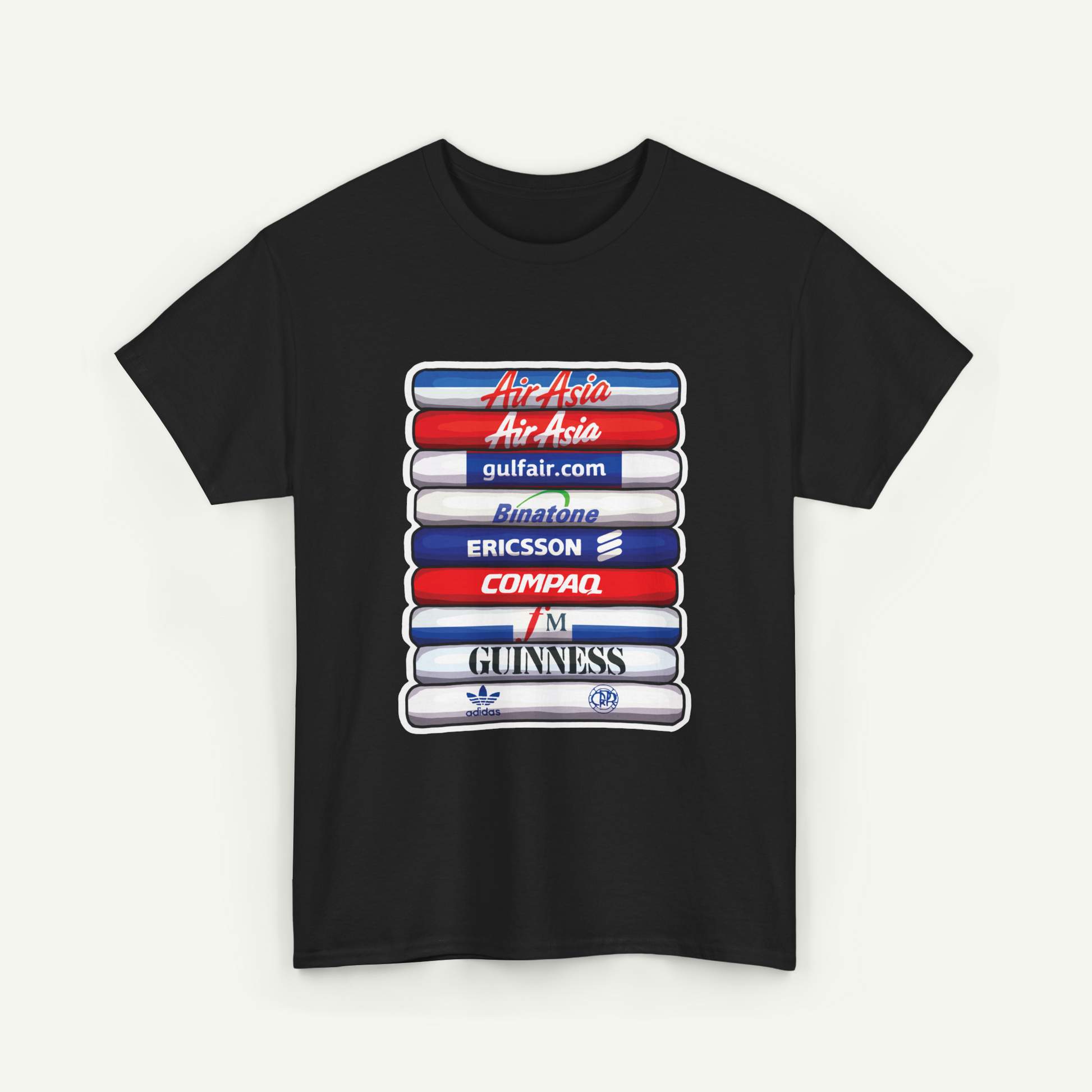 A black t-shirt with a graphic design featuring a stack of colorful bars with various logos and text on them.