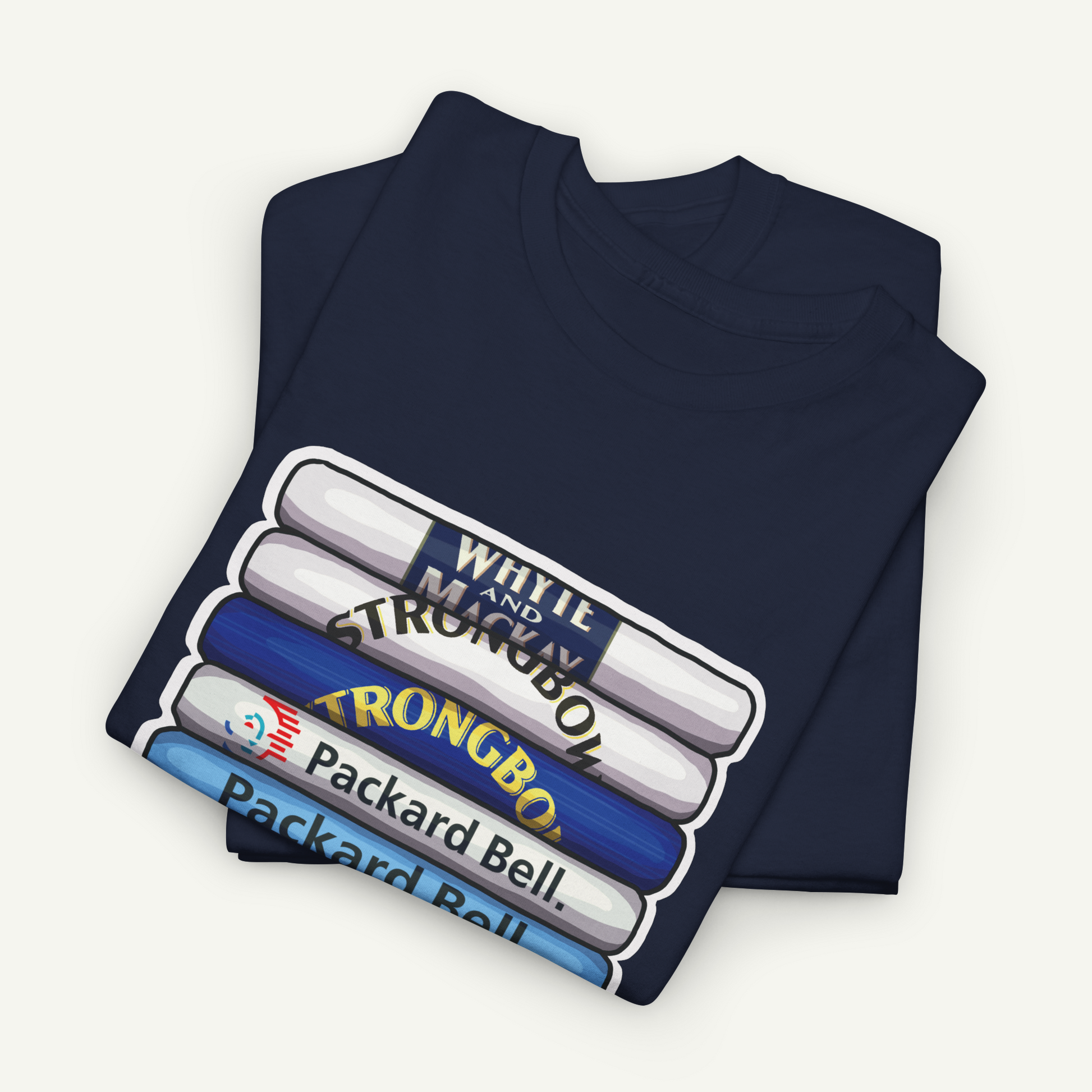 A navy blue t-shirt with a graphic design depicting a stack of colorful books or magazines with the text "WHITE AND STRONG BOW" printed on them.