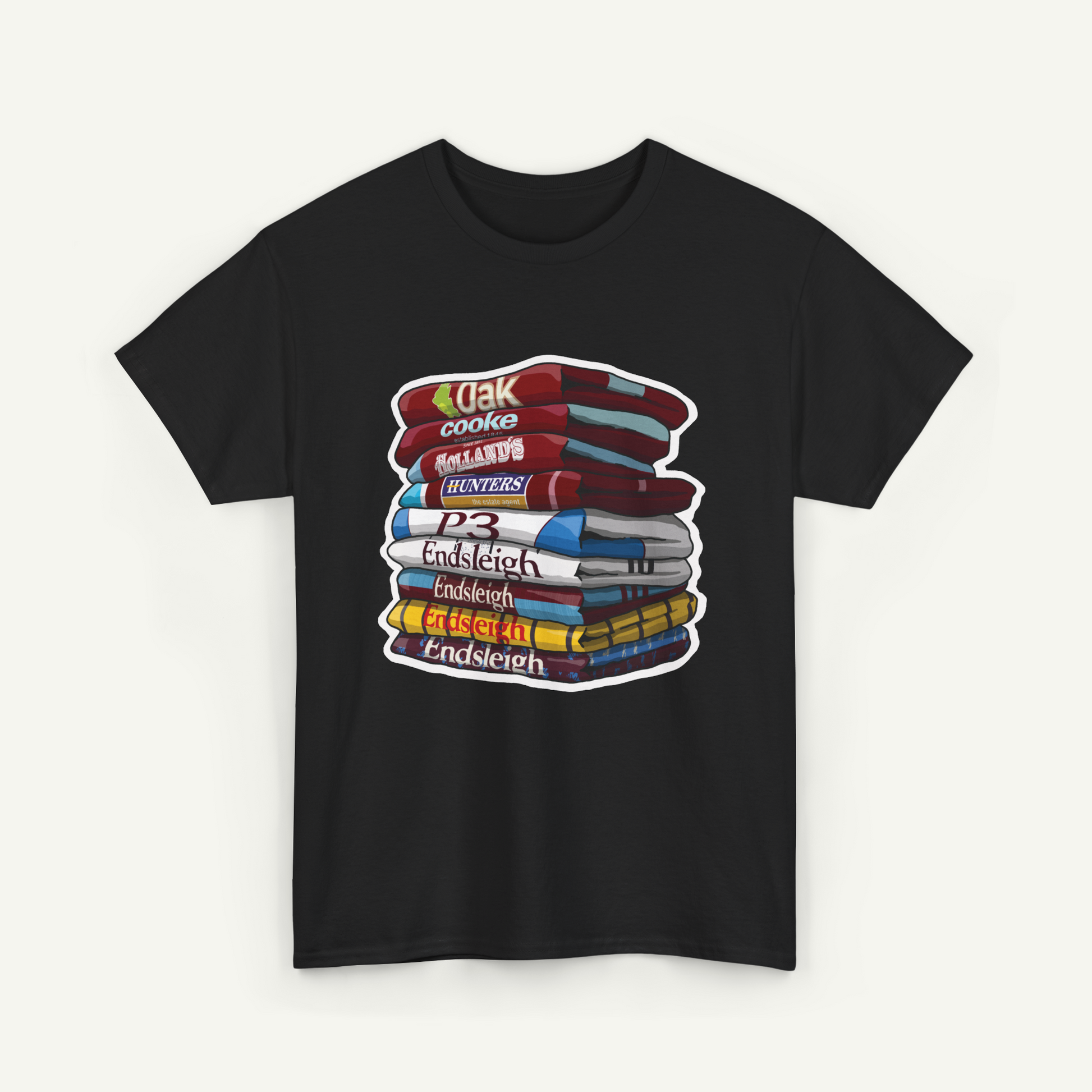 A black t-shirt with a graphic design depicting a stack of colorful books.