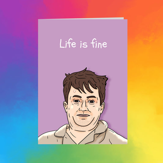 a cartoon-style illustration of a man with brown hair and a serious expression, set against a colorful gradient background.