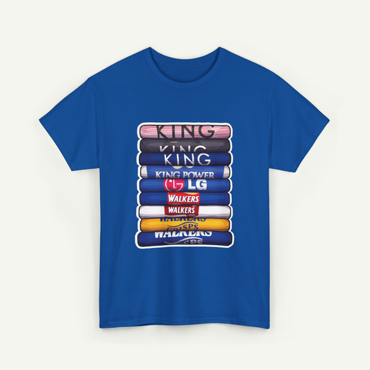 A blue t-shirt with a graphic design featuring a stack of colored bars, each displaying a different brand logo.