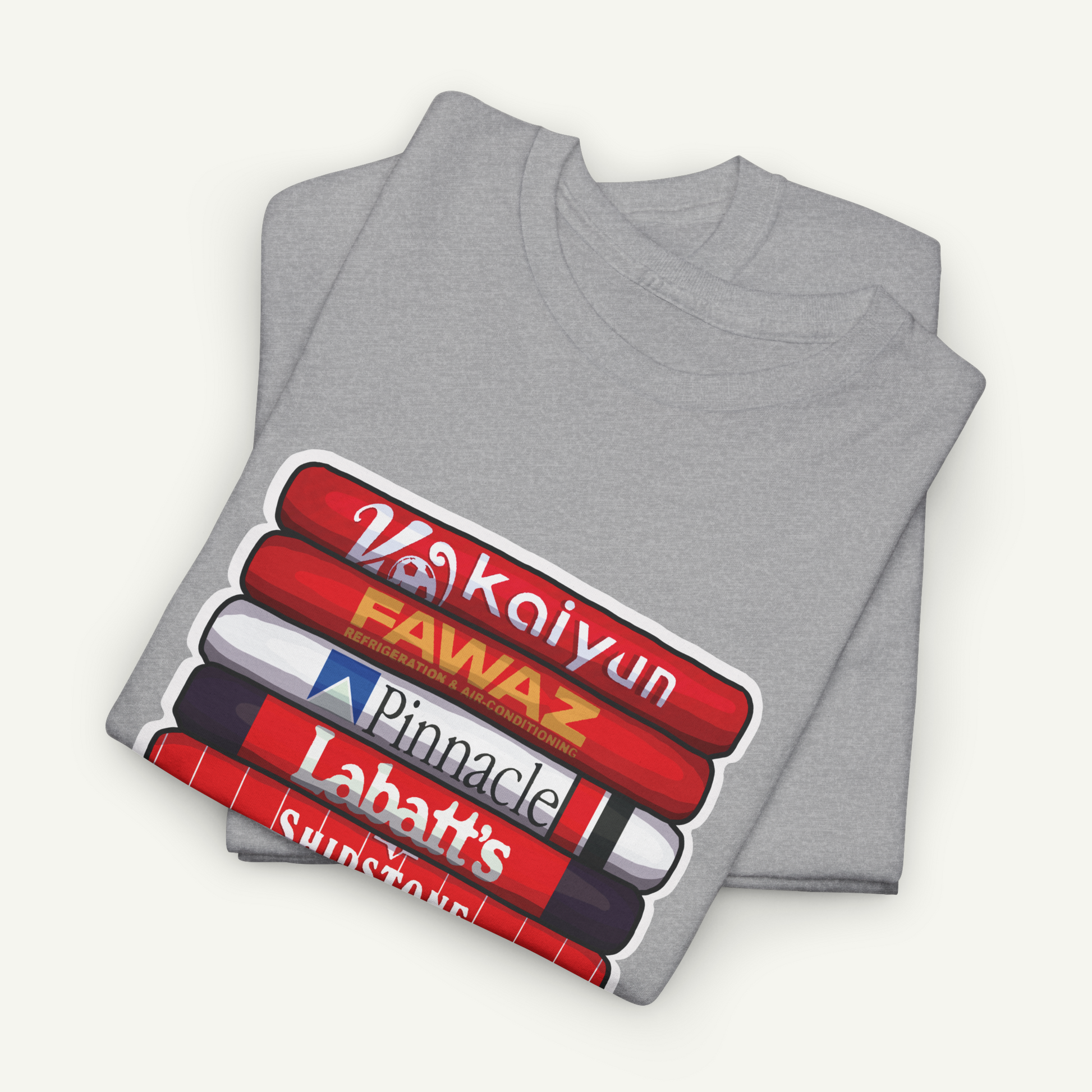 A gray t-shirt with a graphic design depicting a stack of red and white striped objects with text on them.