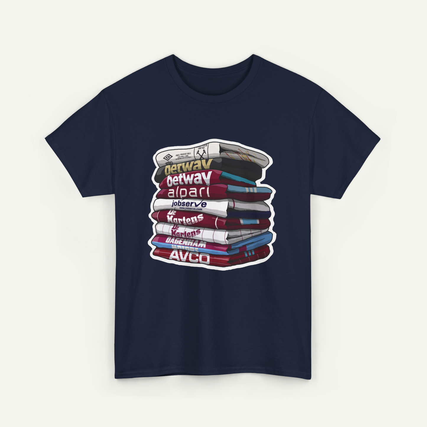 A navy blue t-shirt with a graphic design depicting a stack of books with various text on the spines.