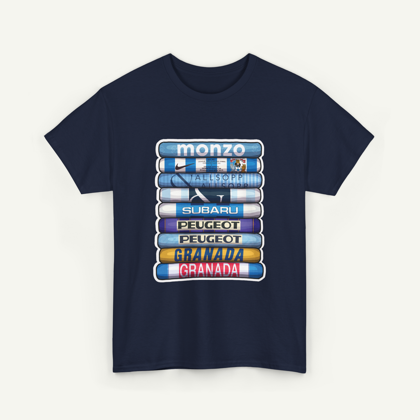 A navy blue t-shirt with a graphic design featuring a stack of colored books or book-like objects, each representing a different car brand.