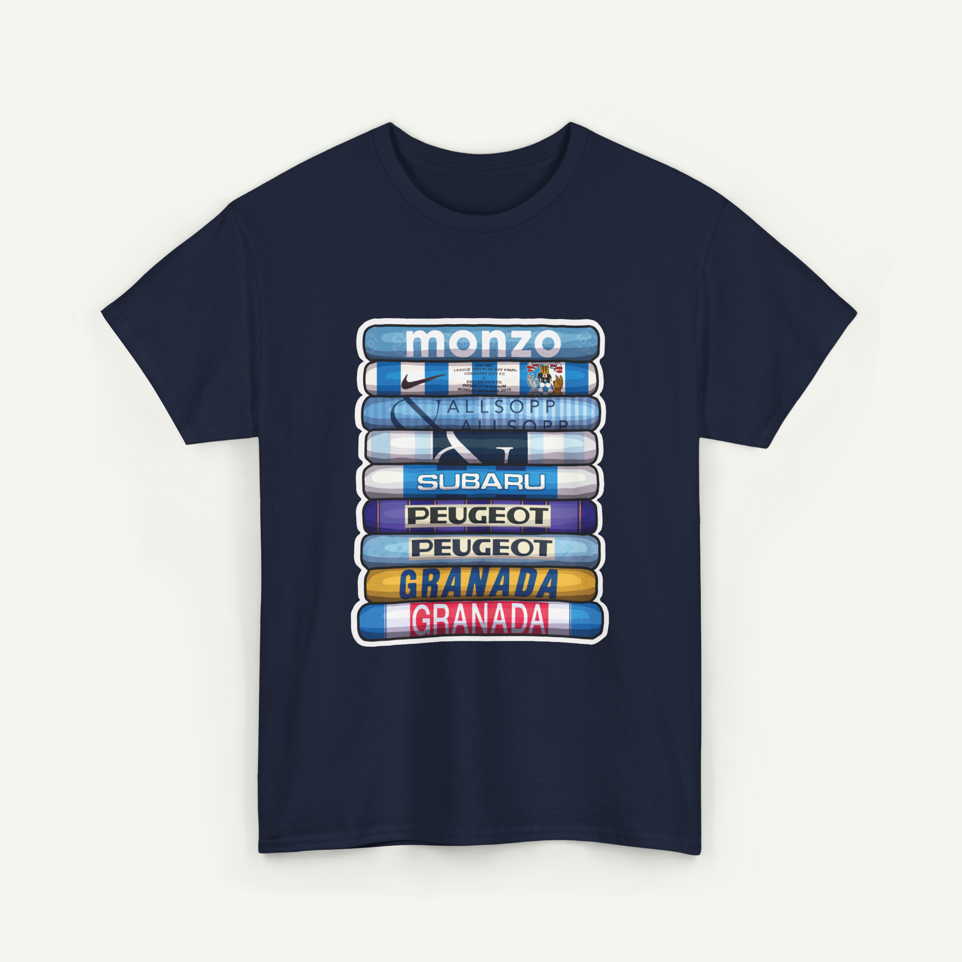 A navy blue t-shirt with a graphic design featuring a stack of colored books or book-like objects, each representing a different car brand.