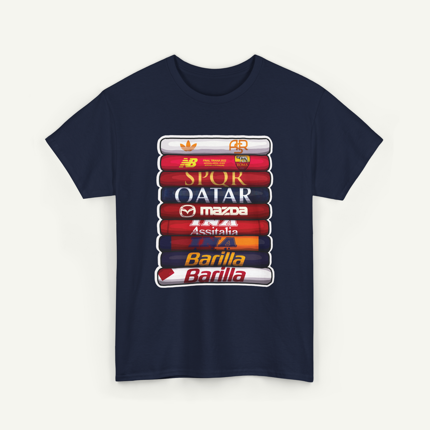 A navy blue t-shirt with a graphic design featuring a stack of various logos and text, including the logos of Nike, Adidas, SPOR, OAIAR, Mazda, and Barilla.