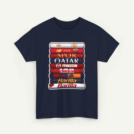 A navy blue t-shirt with a graphic design featuring a stack of various logos and text, including the logos of Nike, Adidas, SPOR, OAIAR, Mazda, and Barilla.