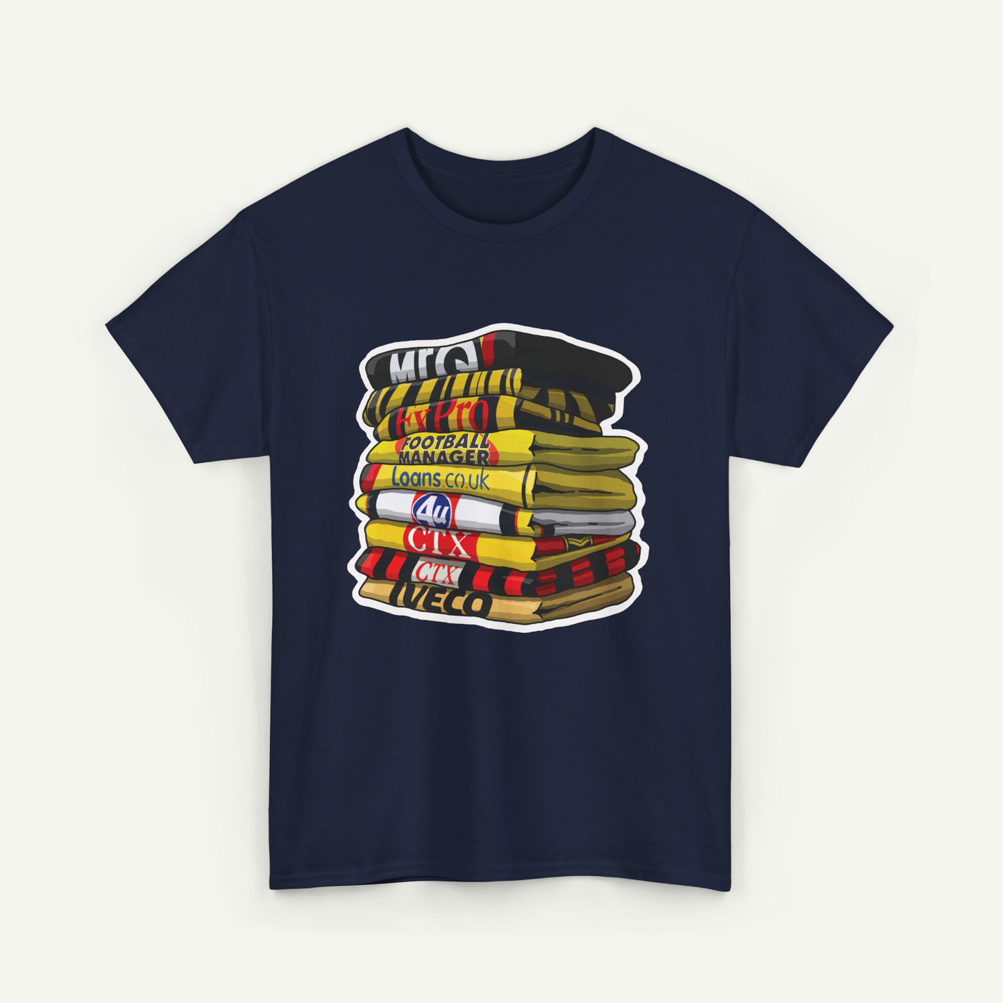 A navy blue t-shirt with a graphic design depicting a stack of books or magazines with various text and logos on the covers.