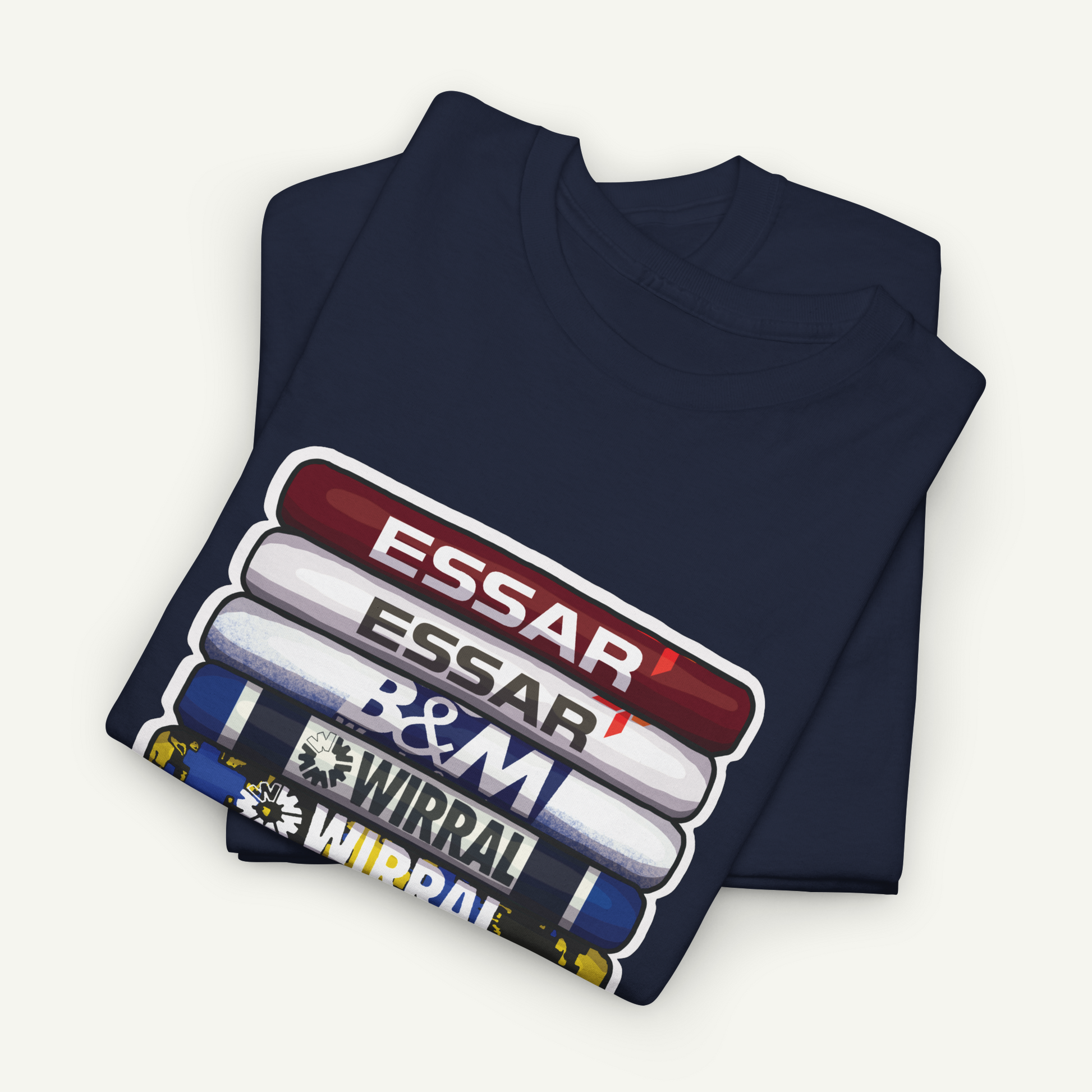 A navy blue t-shirt with a graphic design featuring a stack of colorful tubes or tubes with the text "ESSAR" printed on them.