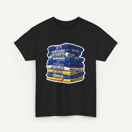 A black t-shirt with a graphic design depicting a stack of colorful books or binders, with text on the covers.